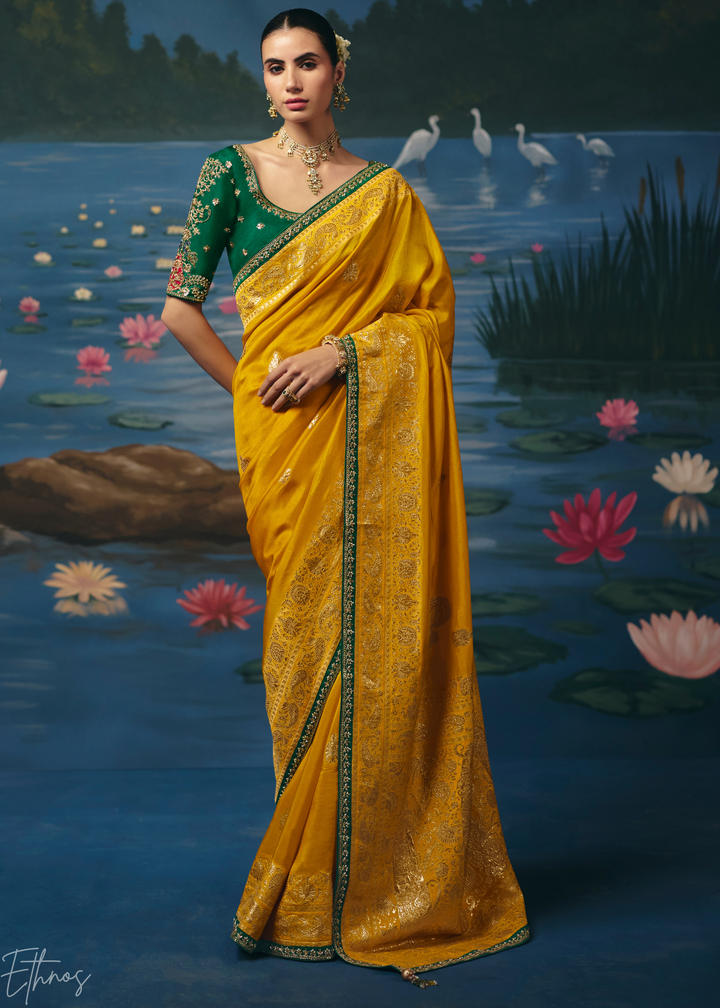 Mustard Traditional Zari Woven Border Dola Silk Saree