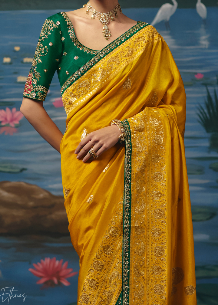 Mustard Traditional Zari Woven Border Dola Silk Saree