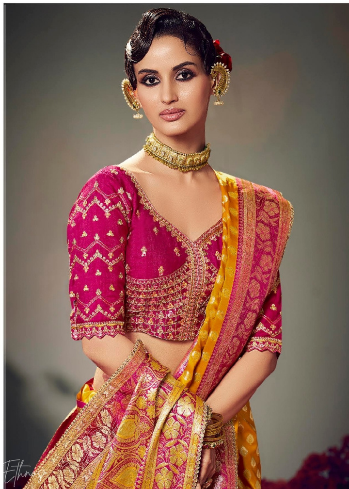 Mustard Yellow Allover Floral Brocade Satin Silk Saree