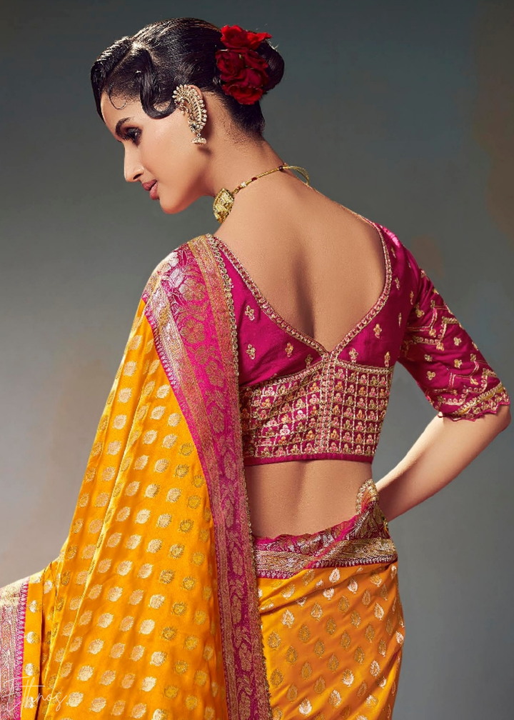 Mustard Yellow Allover Floral Brocade Satin Silk Saree