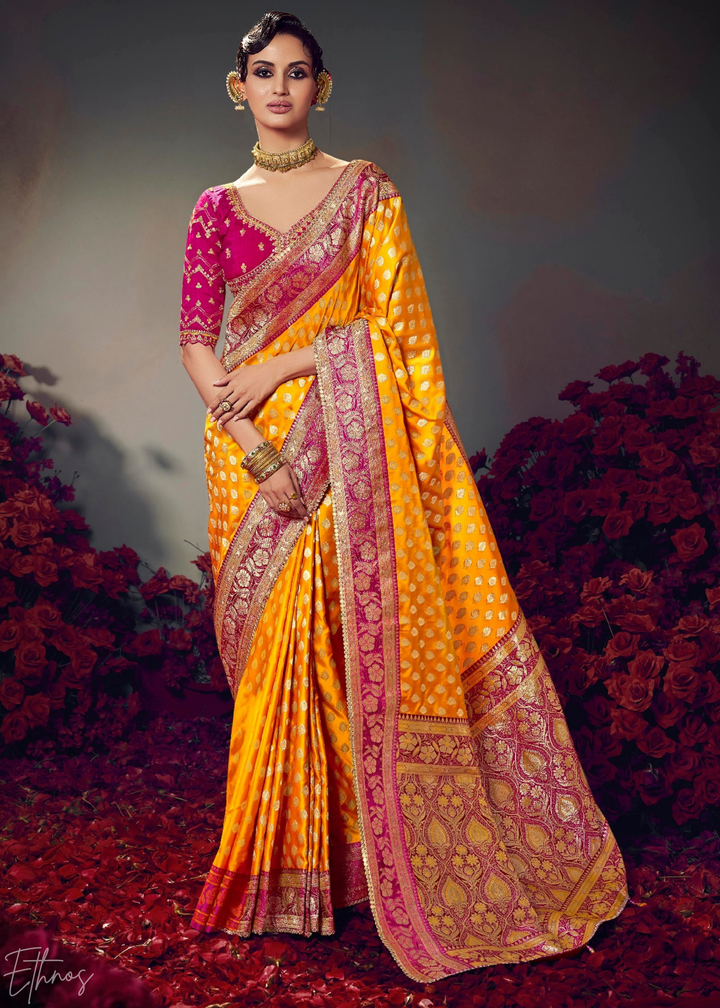 Mustard Yellow Allover Floral Brocade Satin Silk Saree