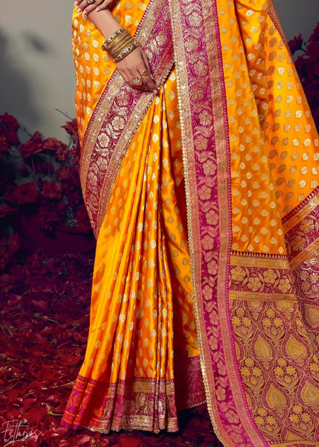 Mustard Yellow Allover Floral Brocade Satin Silk Saree