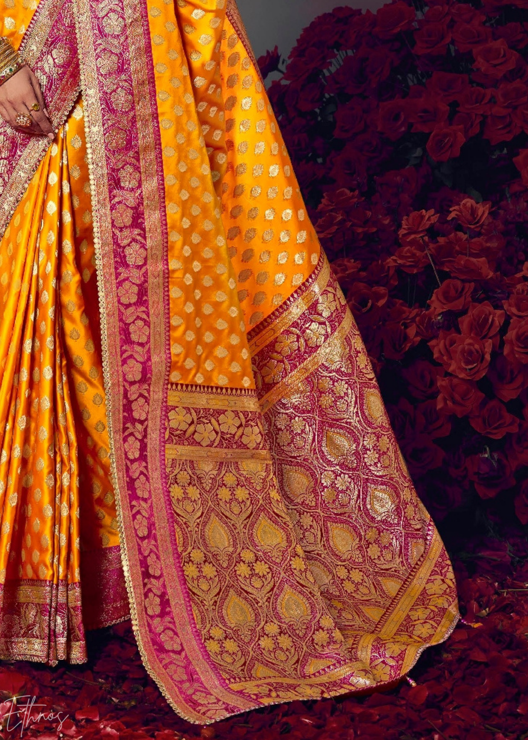 Mustard Yellow Allover Floral Brocade Satin Silk Saree