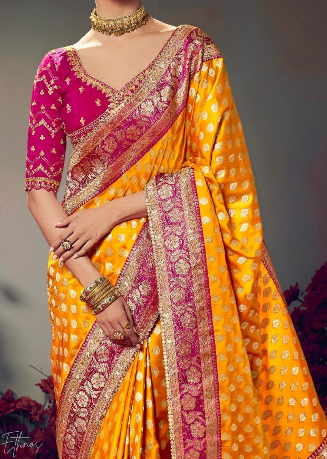Mustard Yellow Allover Floral Brocade Satin Silk Saree