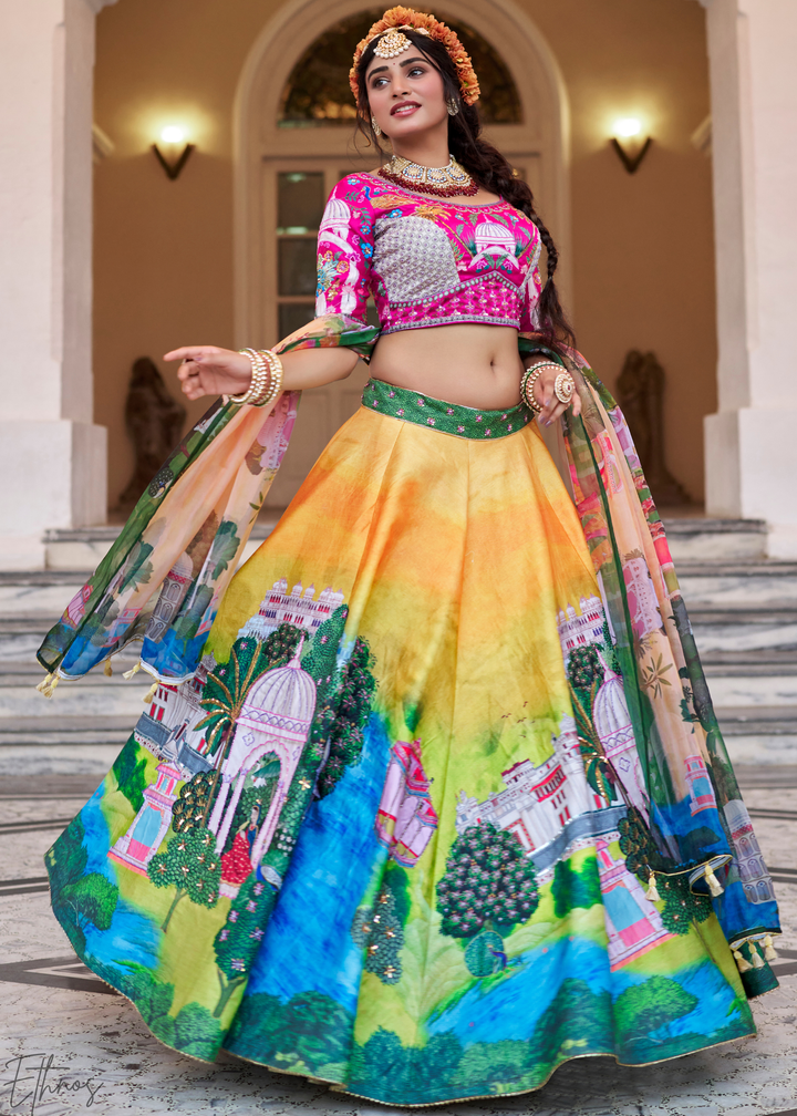 Mustard Yellow Architectural-Print Silk Lehenga