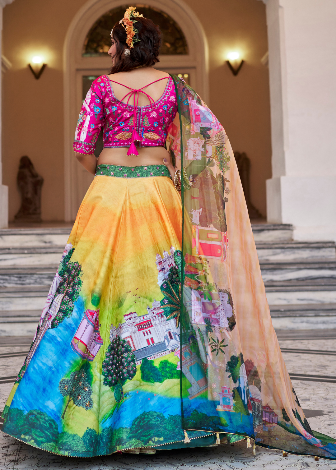 Mustard Yellow Architectural-Print Silk Lehenga