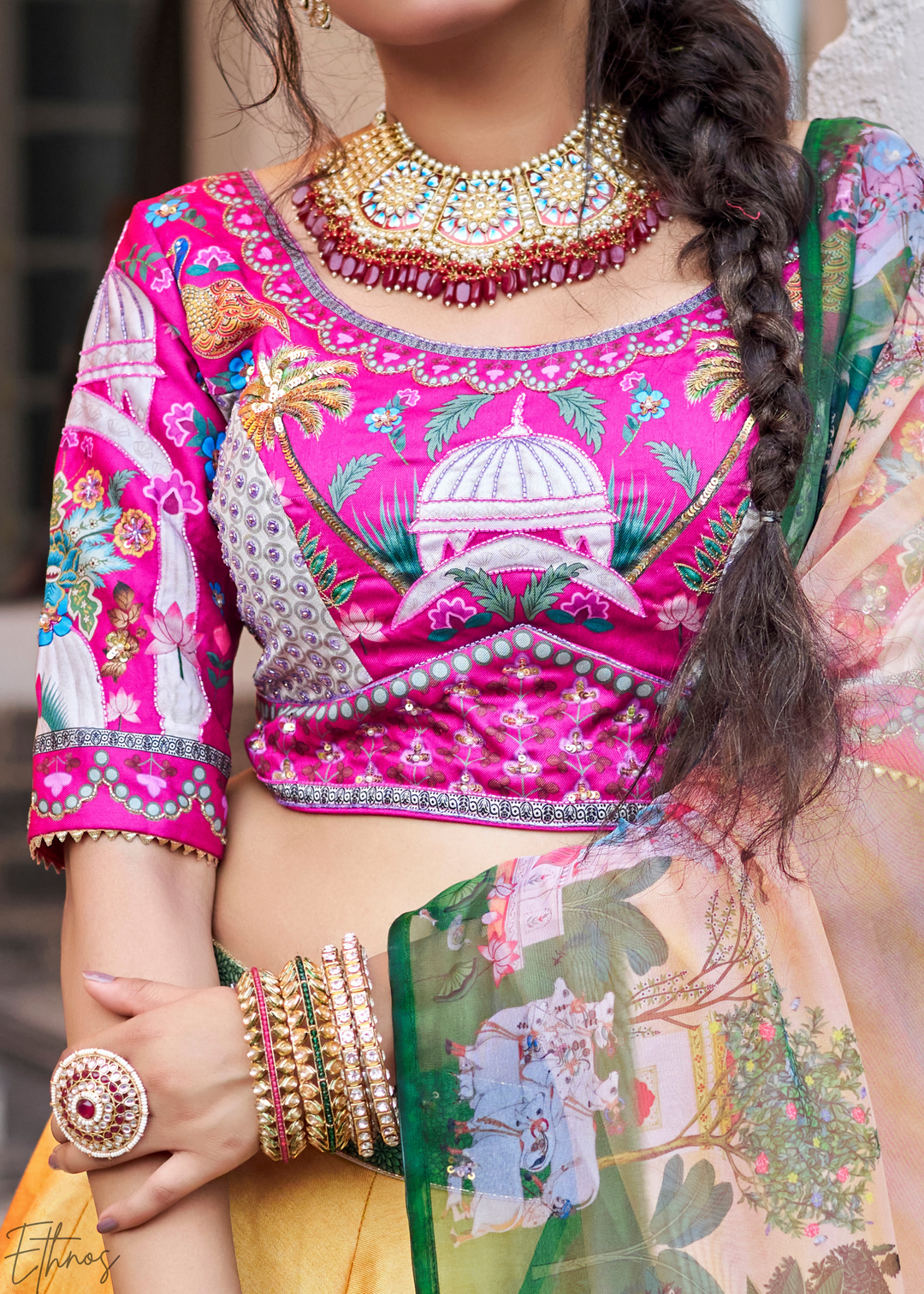 Mustard Yellow Architectural-Print Silk Lehenga