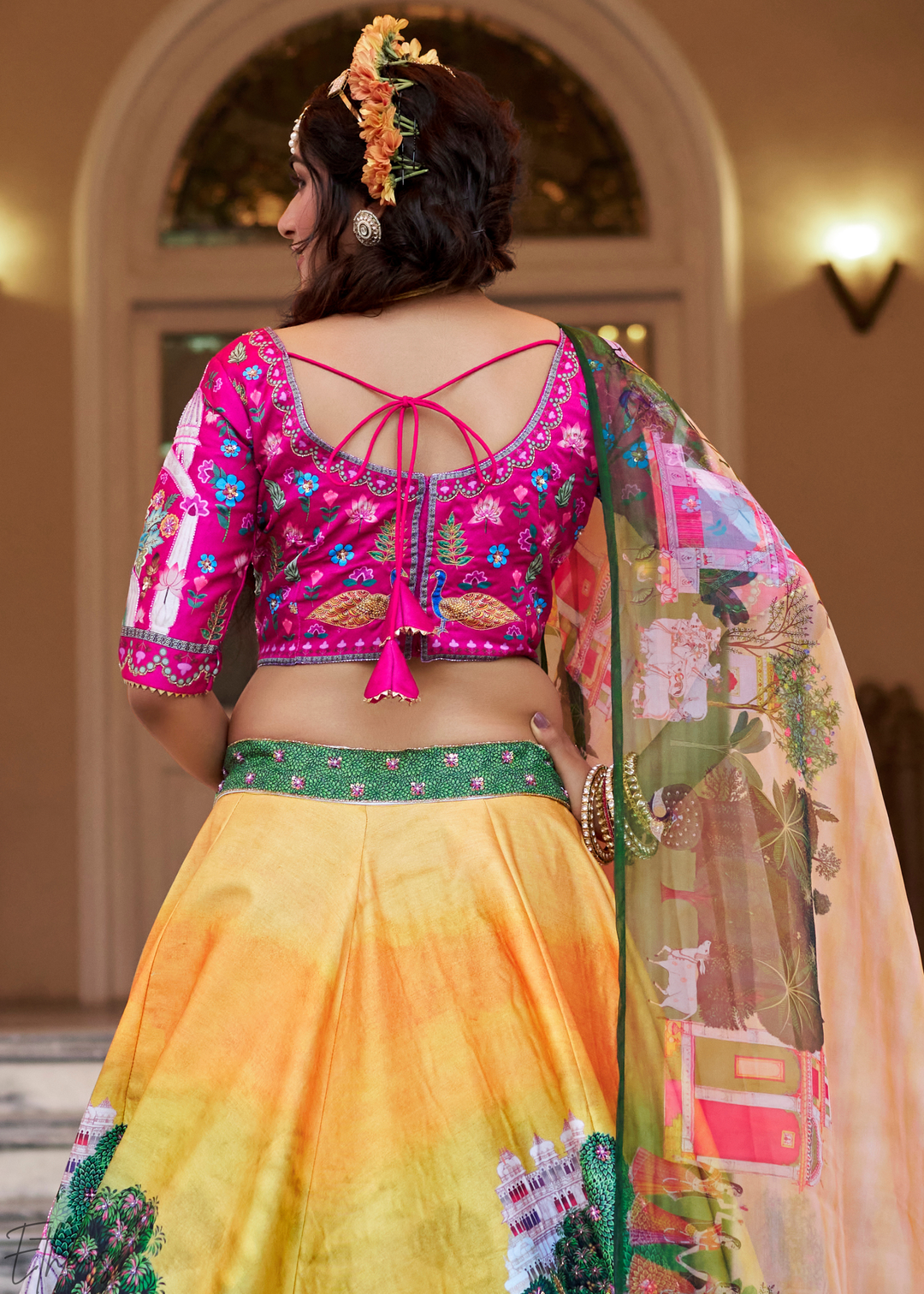 Mustard Yellow Architectural-Print Silk Lehenga