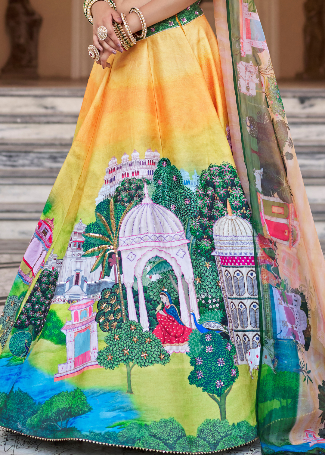 Mustard Yellow Architectural-Print Silk Lehenga