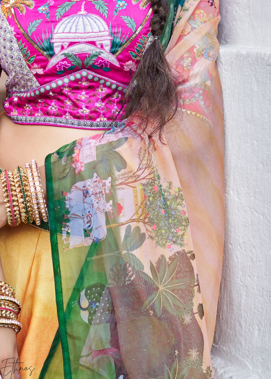 Mustard Yellow Architectural-Print Silk Lehenga