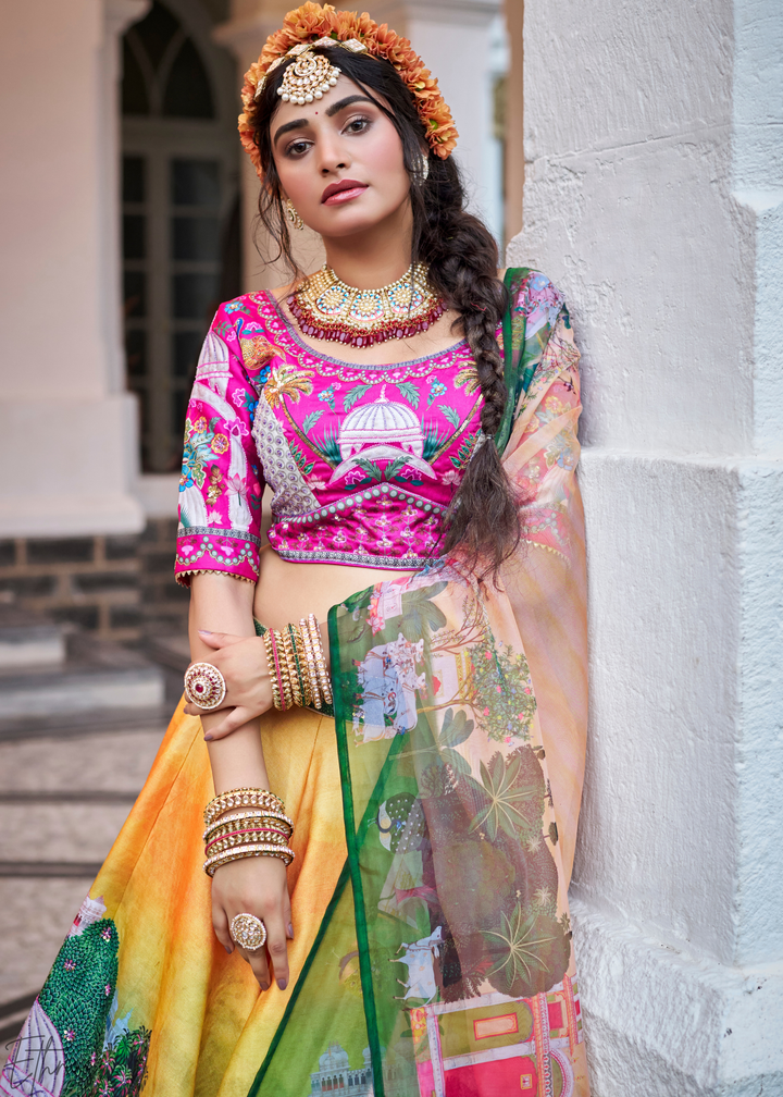 Mustard Yellow Architectural-Print Silk Lehenga