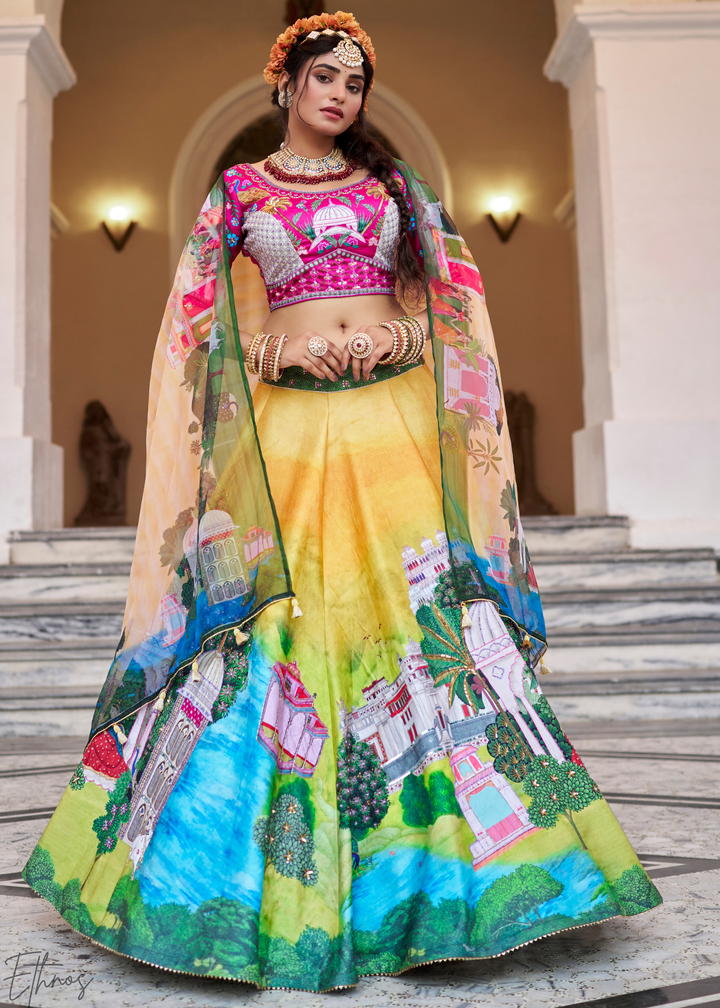 Mustard Yellow Architectural-Print Silk Lehenga