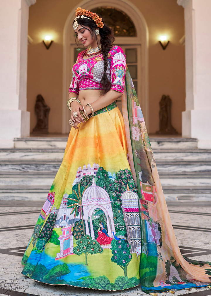 Mustard Yellow Architectural-Print Silk Lehenga