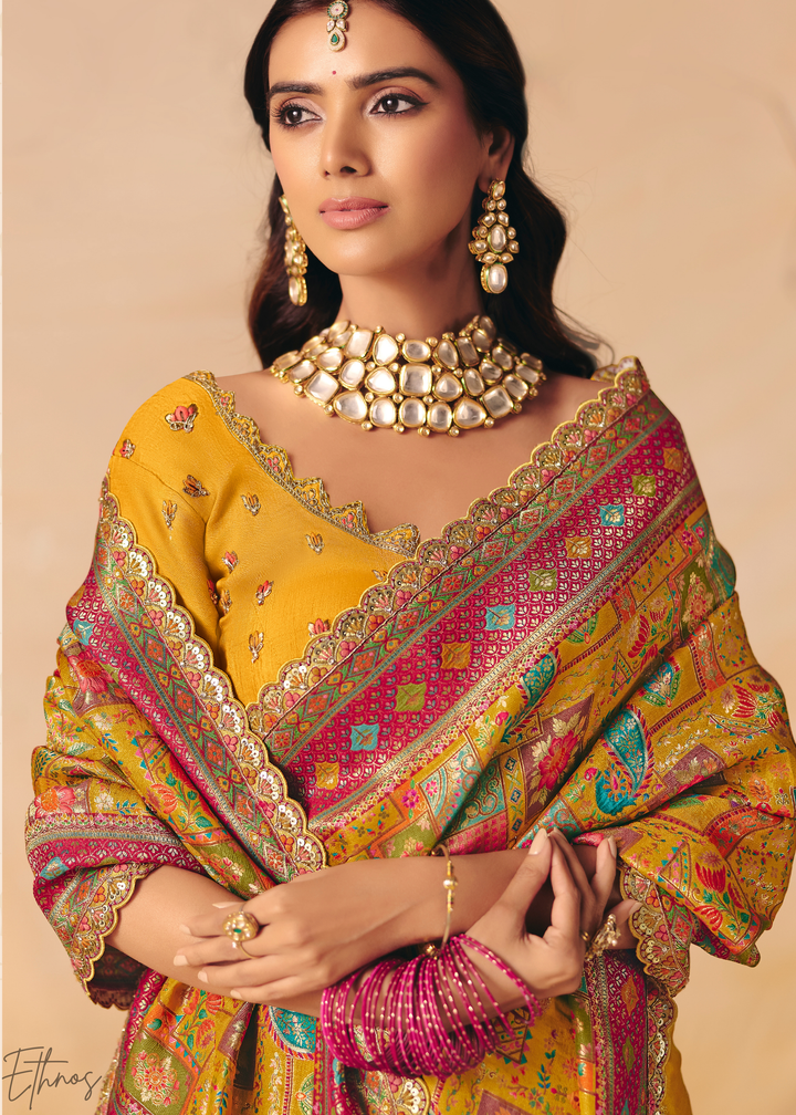 Mustard Yellow Madhubani Dola Silk Saree