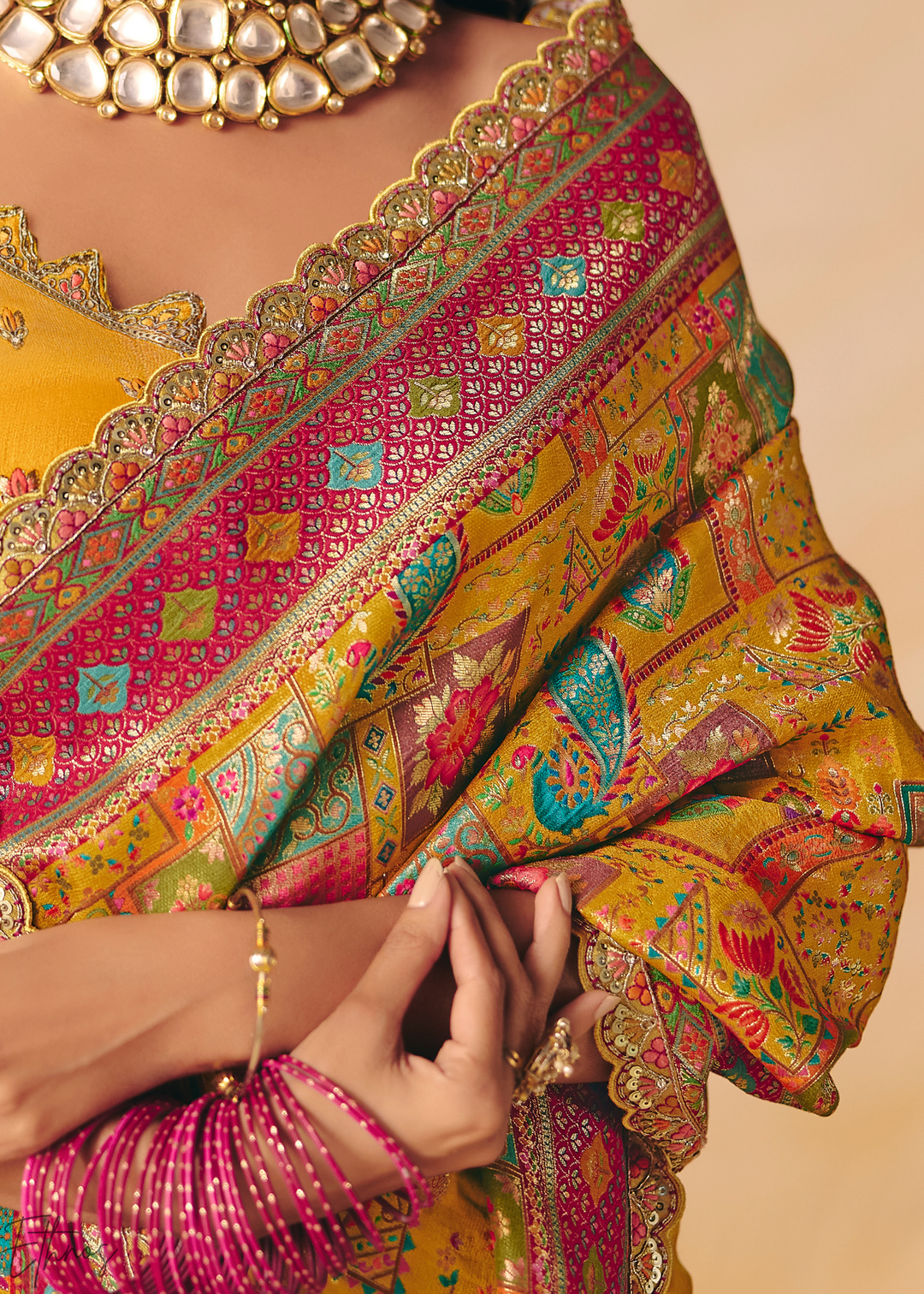 Mustard Yellow Madhubani Dola Silk Saree