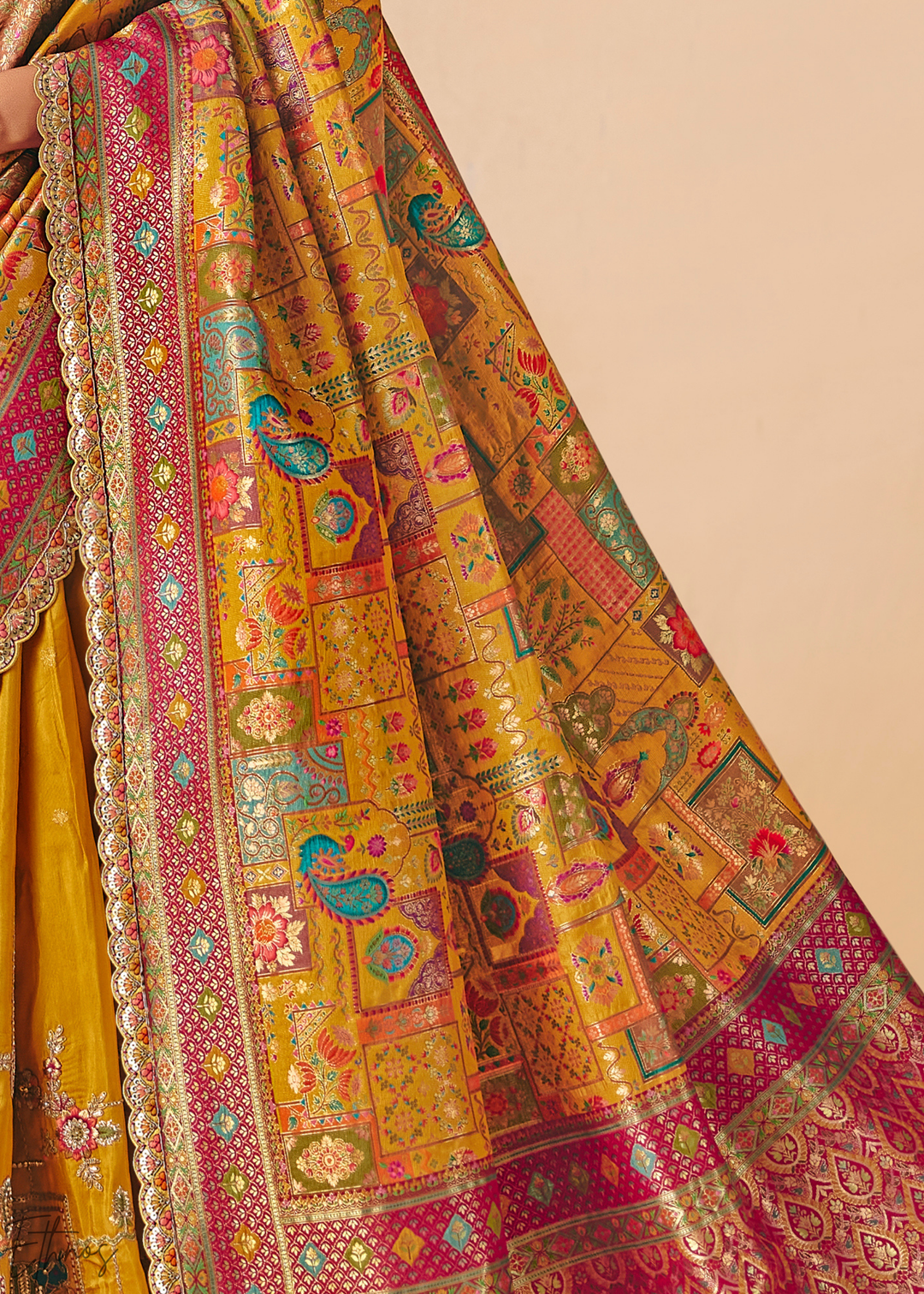 Mustard Yellow Madhubani Dola Silk Saree