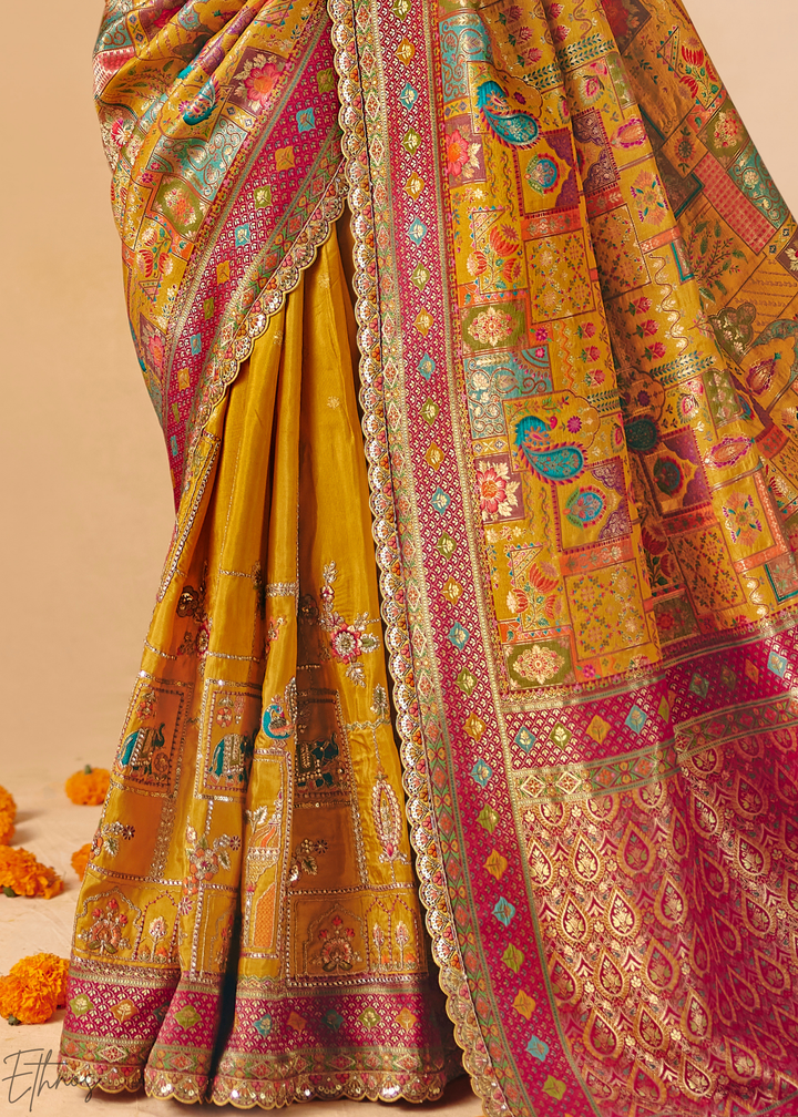 Mustard Yellow Madhubani Dola Silk Saree