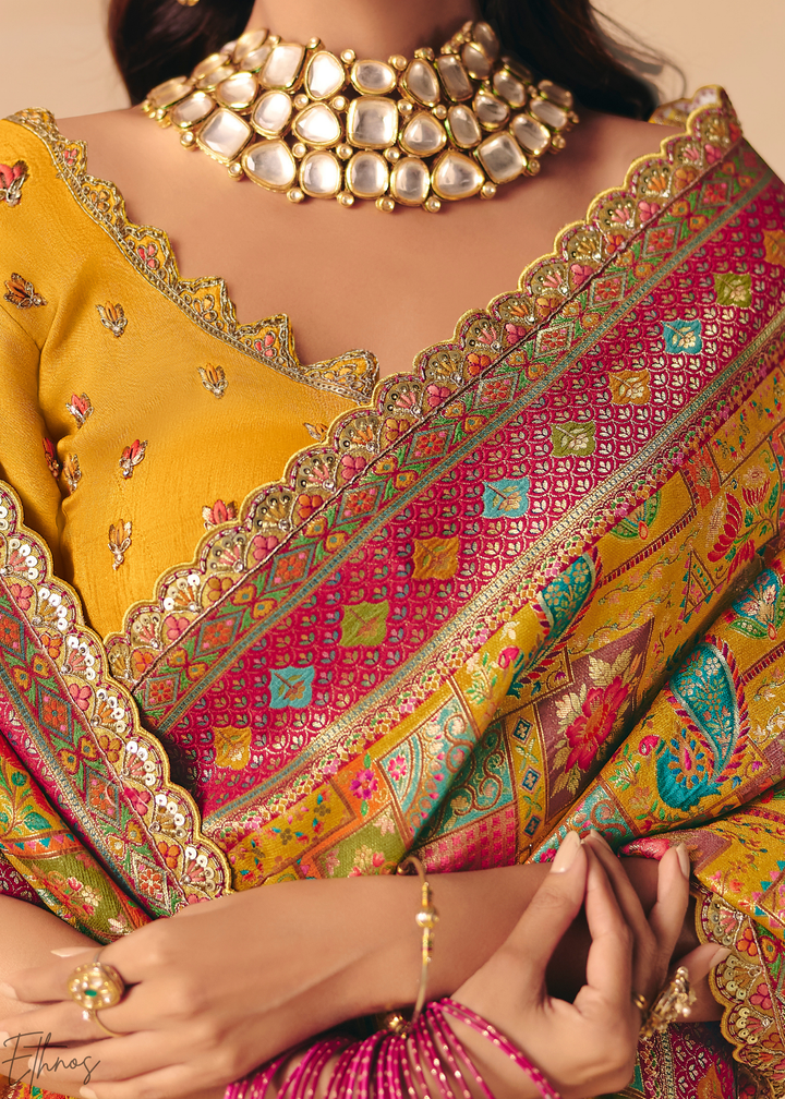 Mustard Yellow Madhubani Dola Silk Saree