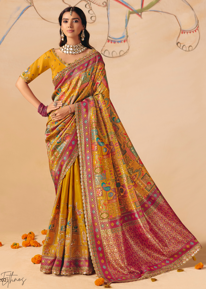 Mustard Yellow Madhubani Dola Silk Saree