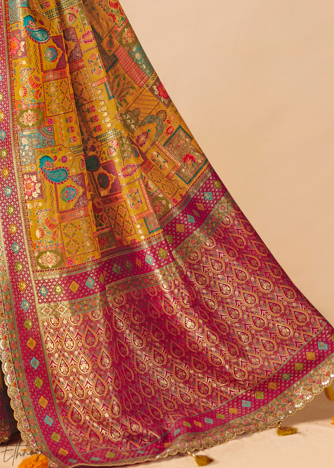Mustard Yellow Madhubani Dola Silk Saree