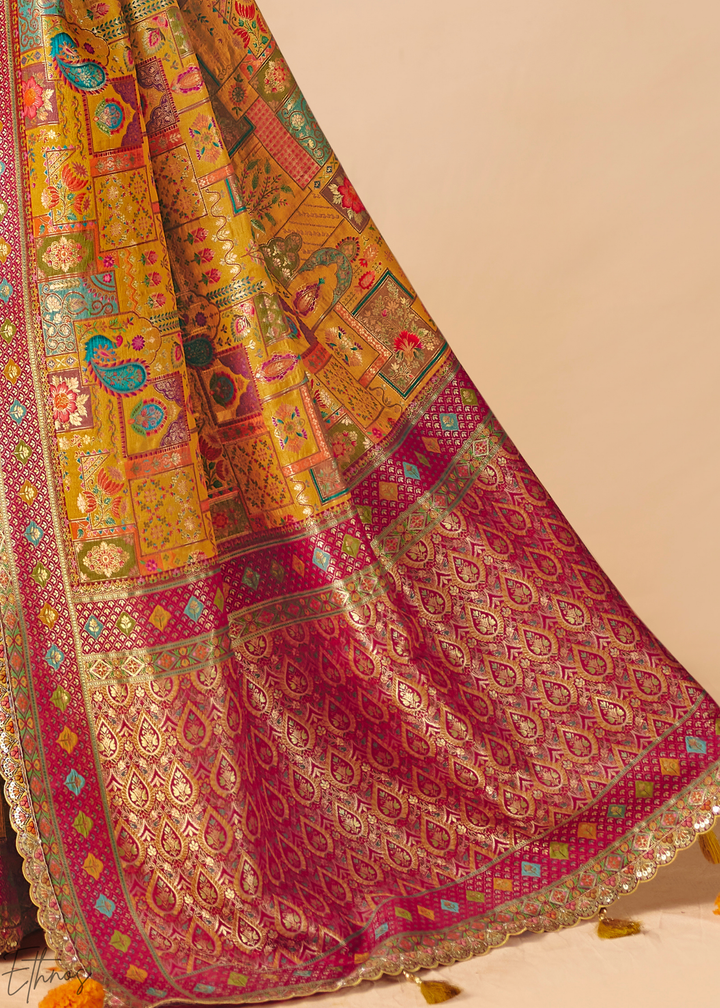 Mustard Yellow Madhubani Dola Silk Saree