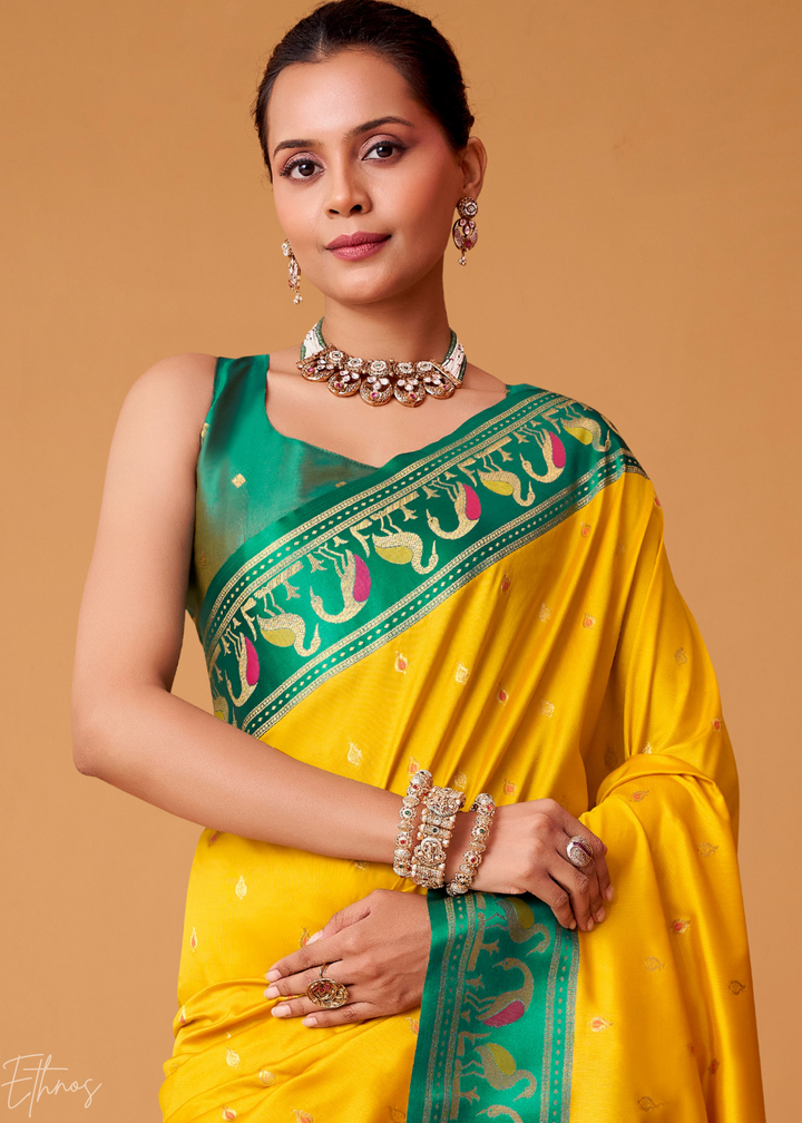 Mustard Yellow Flamingo Satin Silk Saree