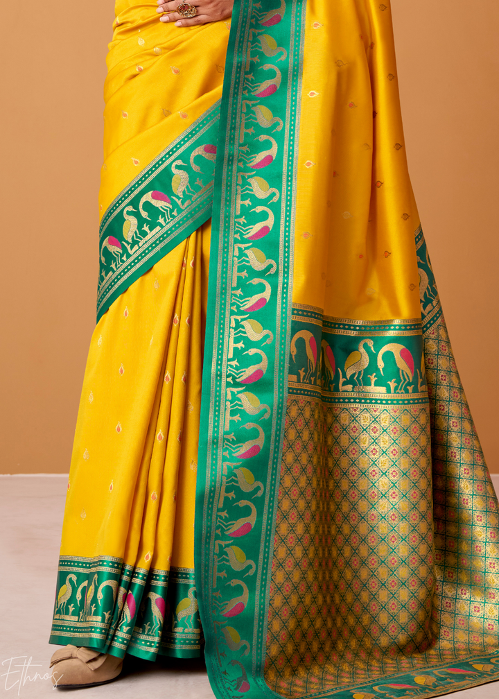 Mustard Yellow Flamingo Satin Silk Saree