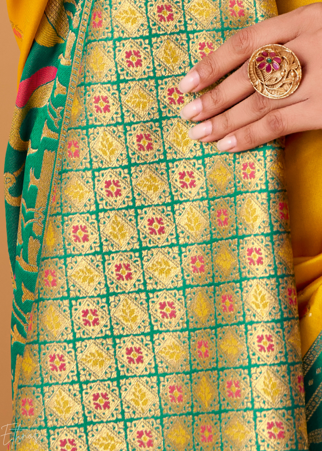 Mustard Yellow Flamingo Satin Silk Saree