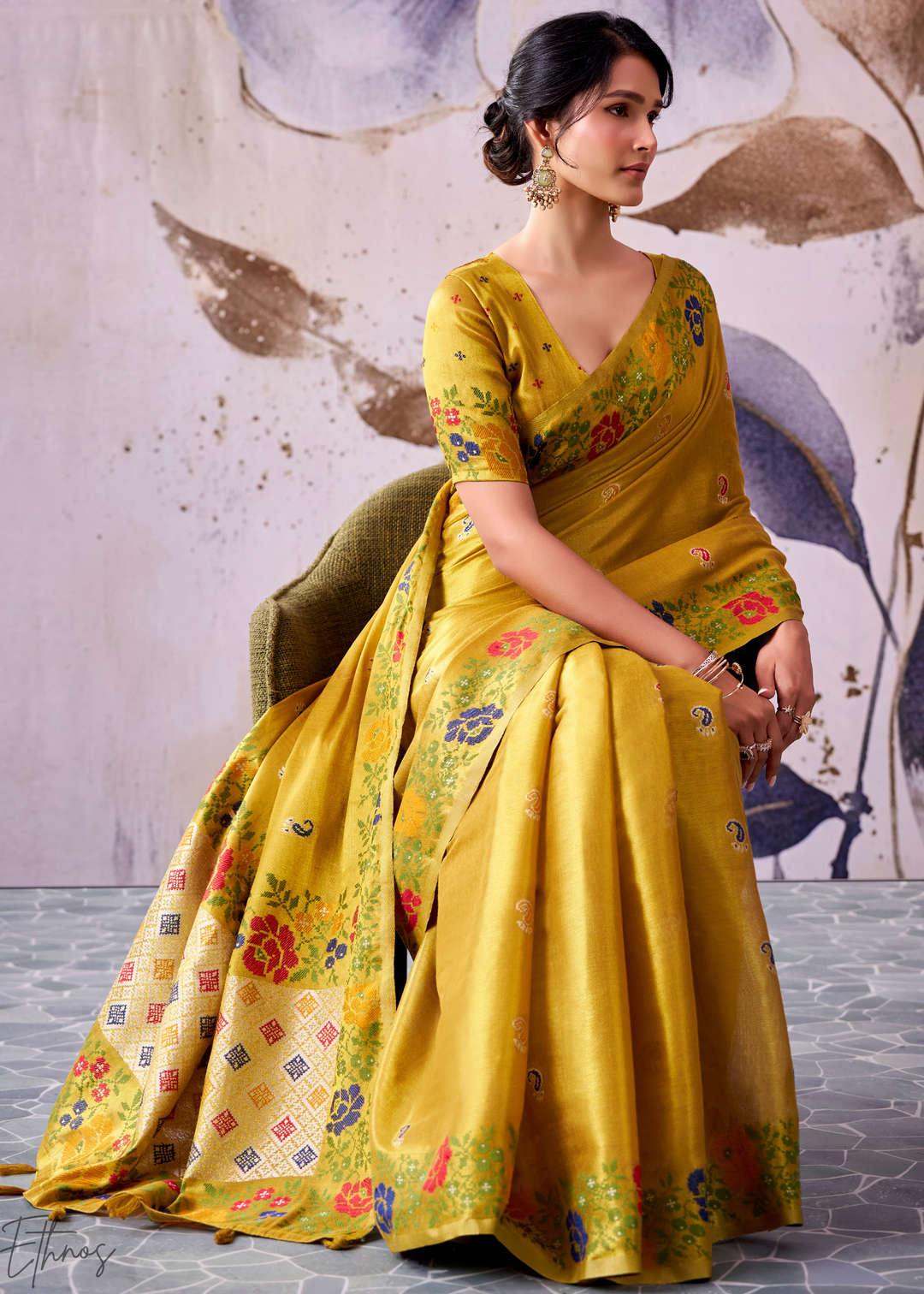 Mustard Yellow Floral-Patola Pallu Tissue Silk Saree