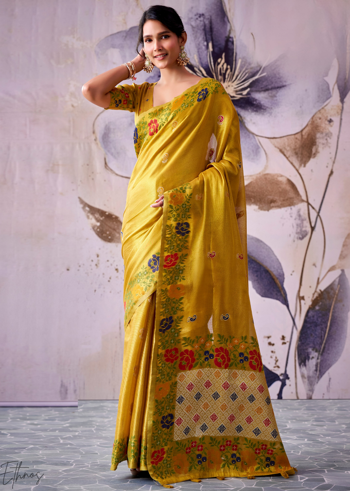Mustard Yellow Floral-Patola Pallu Tissue Silk Saree