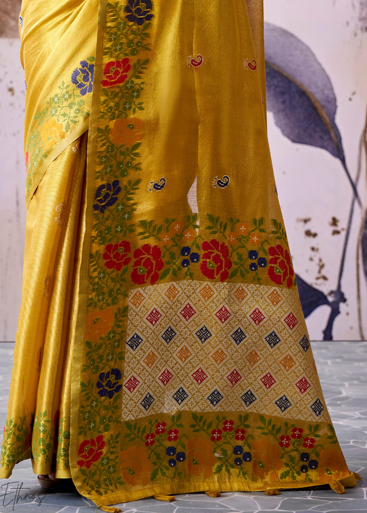 Mustard Yellow Floral-Patola Pallu Tissue Silk Saree
