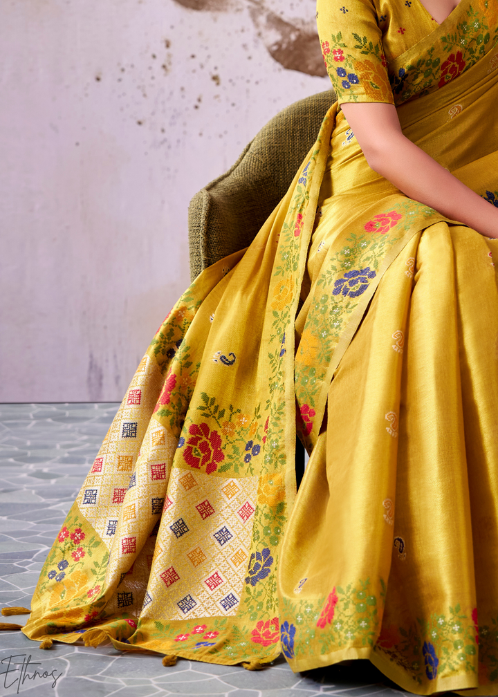 Mustard Yellow Floral-Patola Pallu Tissue Silk Saree