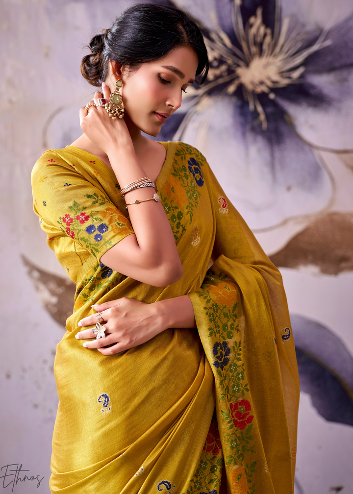 Mustard Yellow Floral-Patola Pallu Tissue Silk Saree