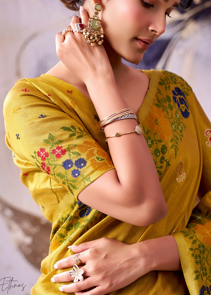 Mustard Yellow Floral-Patola Pallu Tissue Silk Saree