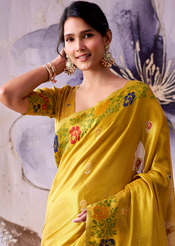 Mustard Yellow Floral-Patola Pallu Tissue Silk Saree
