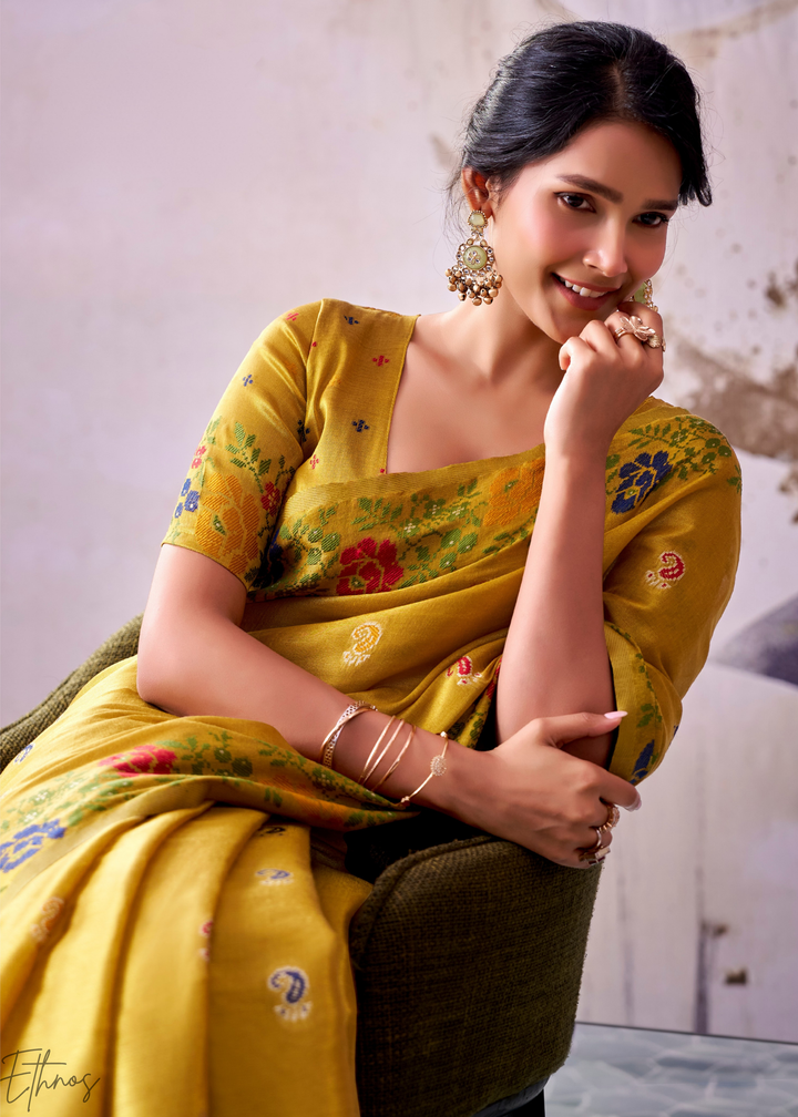 Mustard Yellow Floral-Patola Pallu Tissue Silk Saree
