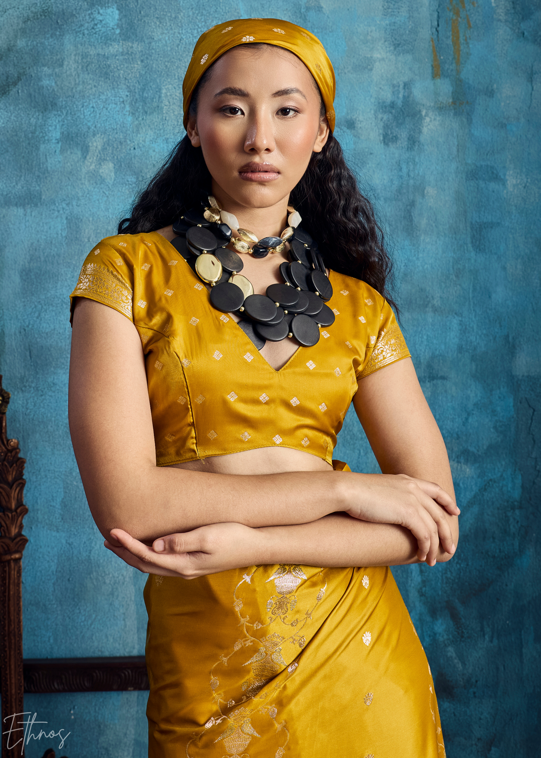 Mustard Yellow Floral Brocade Satin Silk Saree