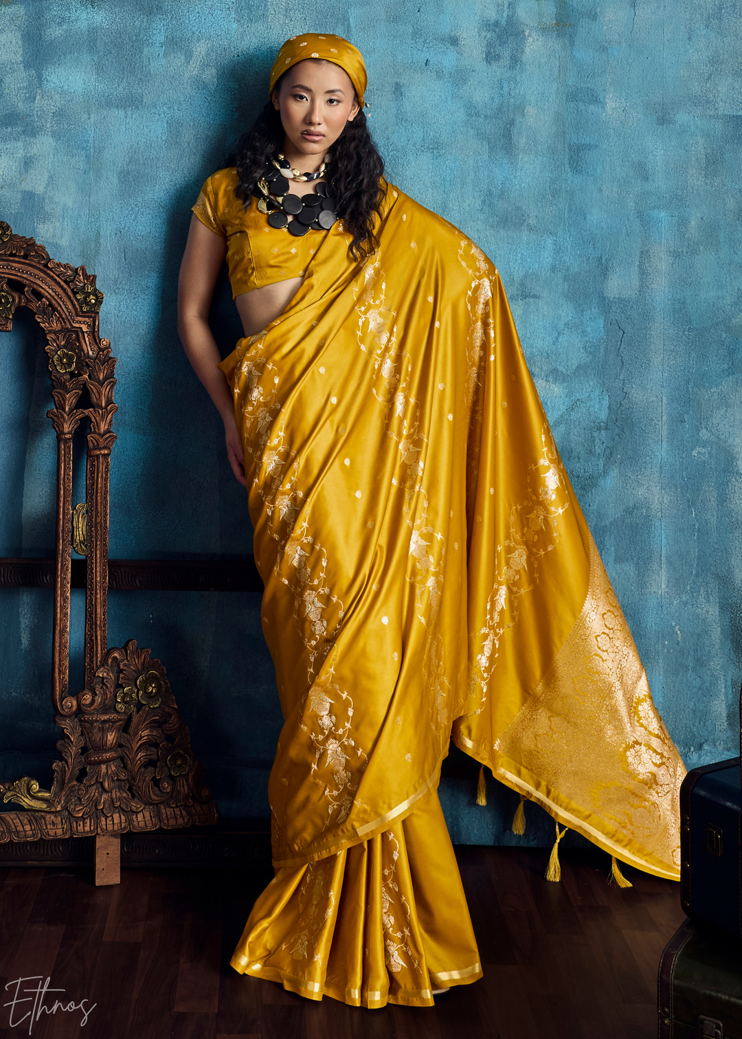 Mustard Yellow Floral Brocade Satin Silk Saree