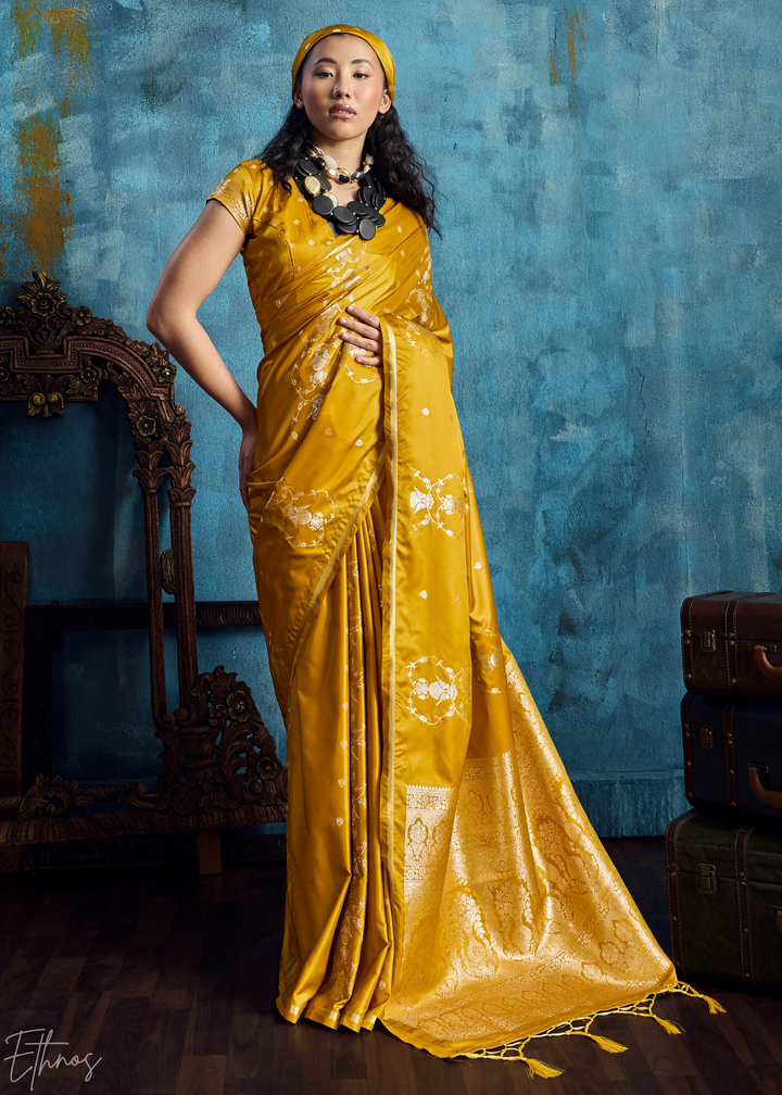 Mustard Yellow Floral Brocade Satin Silk Saree