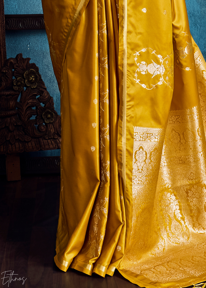 Mustard Yellow Floral Brocade Satin Silk Saree