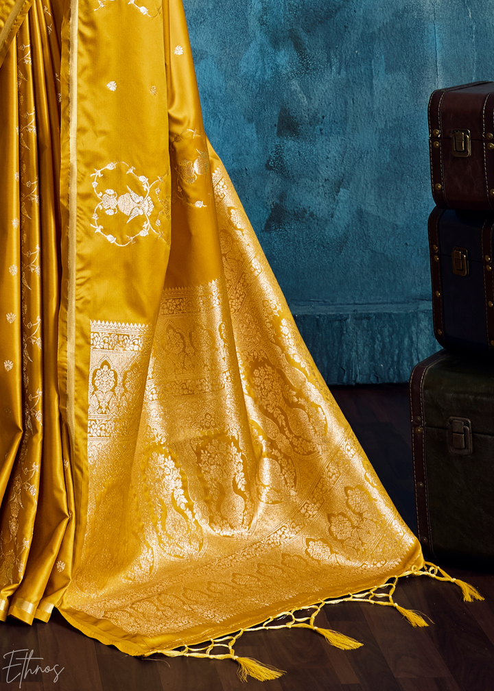 Mustard Yellow Floral Brocade Satin Silk Saree