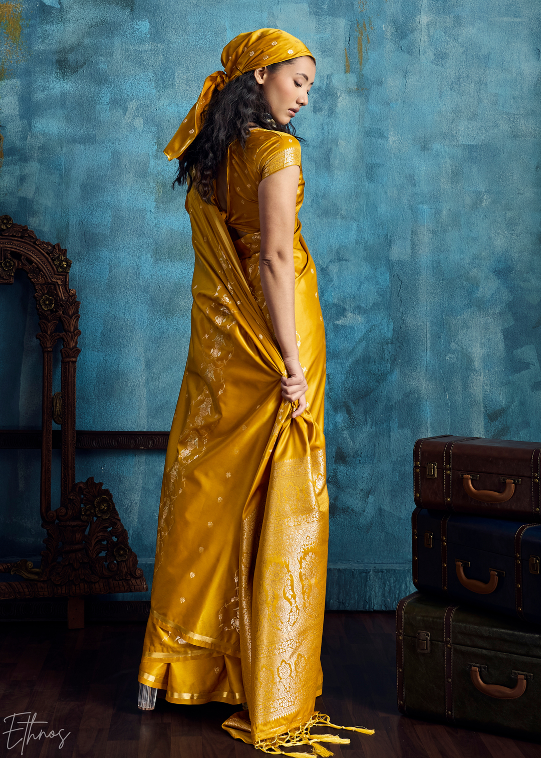 Mustard Yellow Floral Brocade Satin Silk Saree