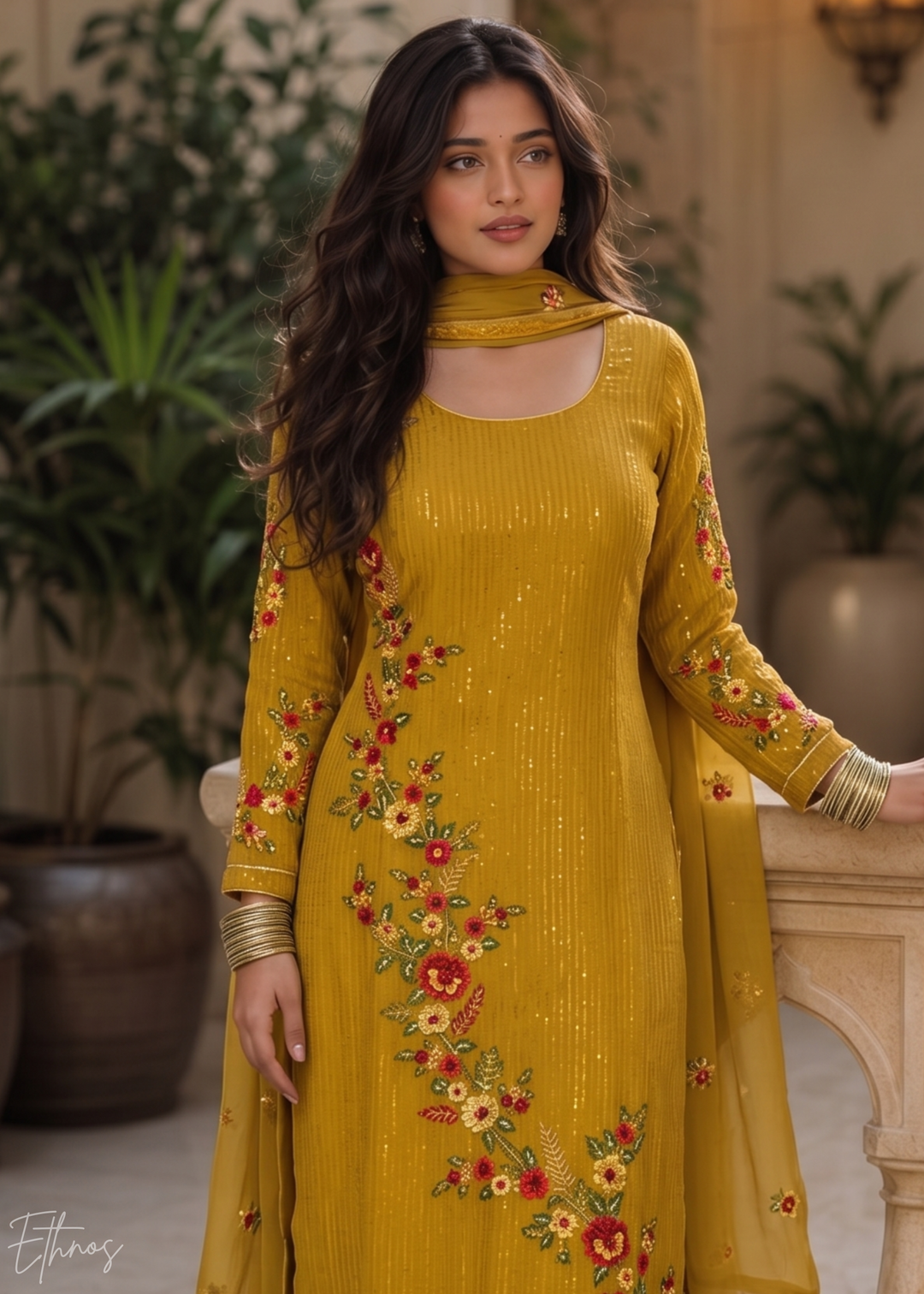 Mustard Yellow Floral Embroidered Georgette Suit