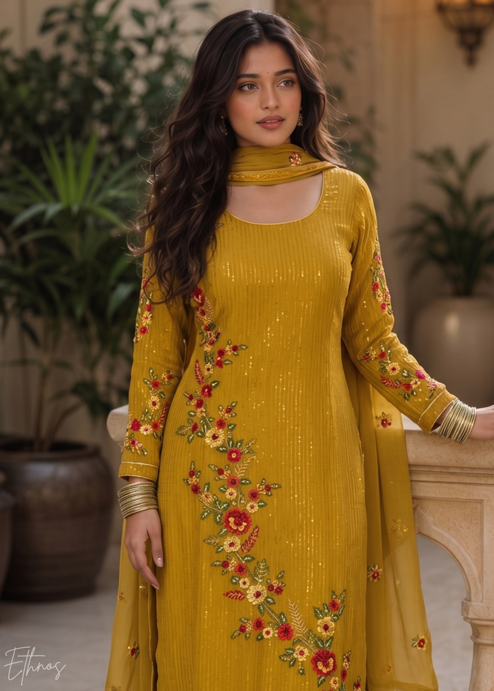 Mustard Yellow Floral Embroidered Georgette Suit