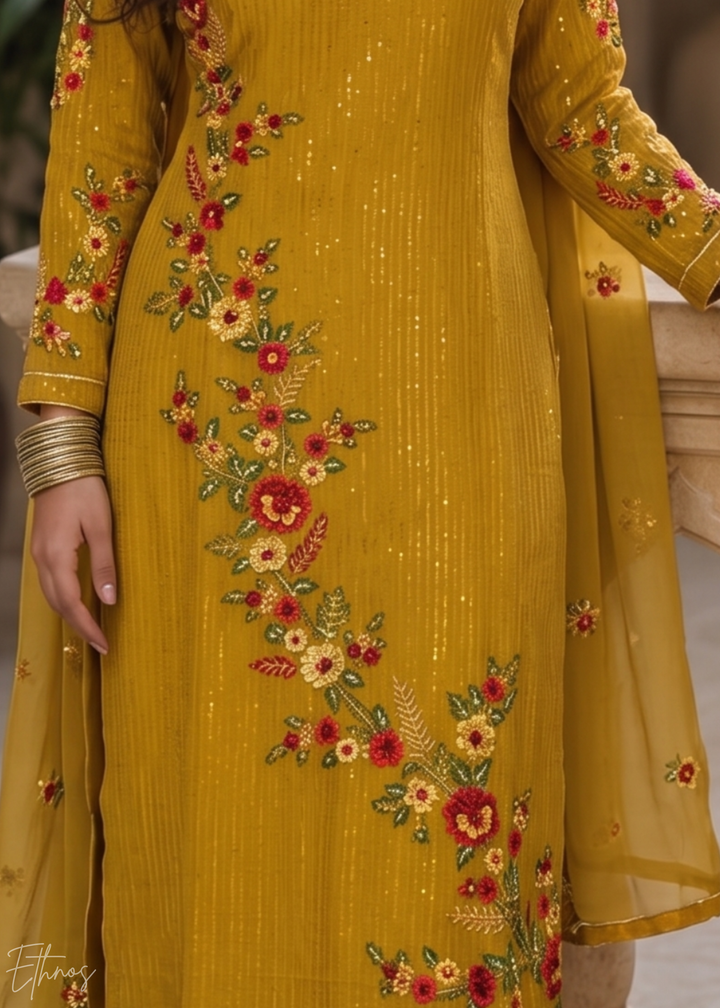 Mustard Yellow Floral Embroidered Georgette Suit