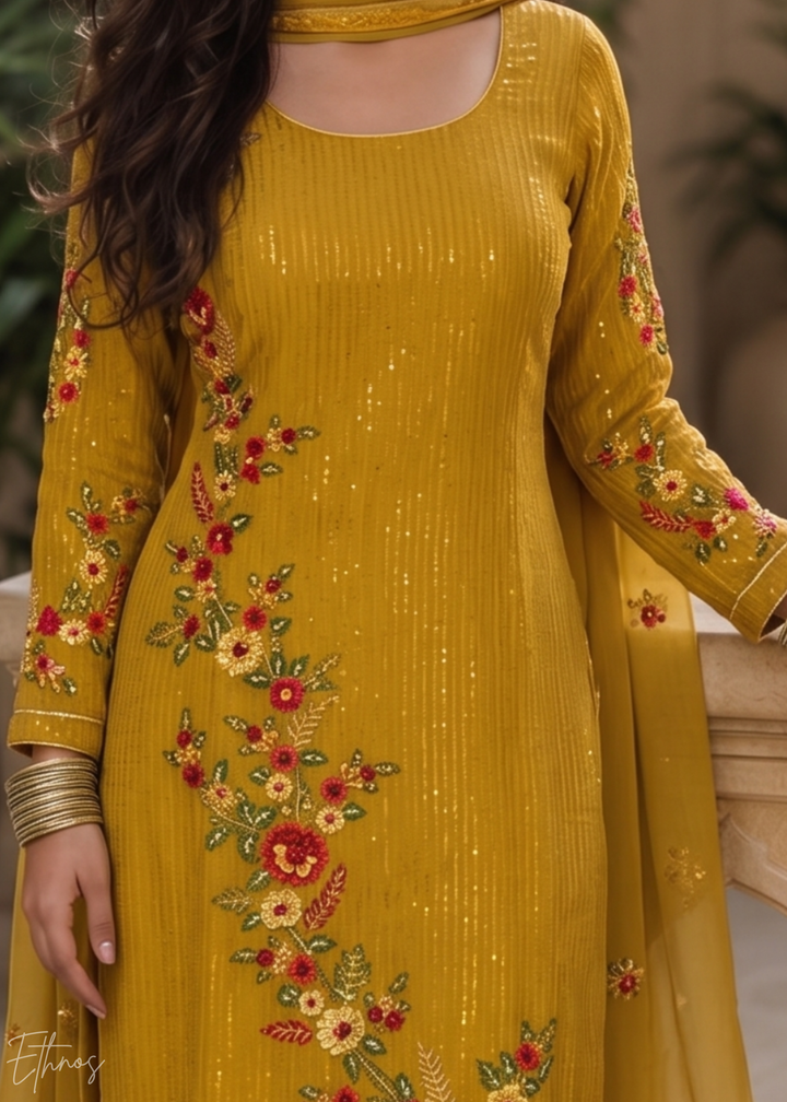 Mustard Yellow Floral Embroidered Georgette Suit