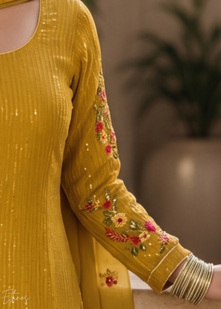 Mustard Yellow Floral Embroidered Georgette Suit