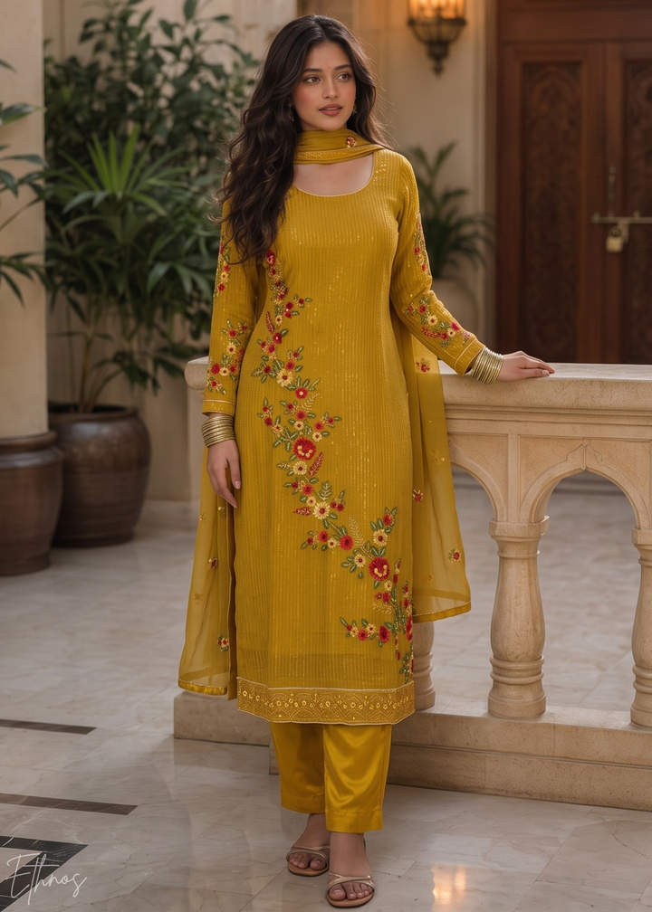 Mustard Yellow Floral Embroidered Georgette Suit