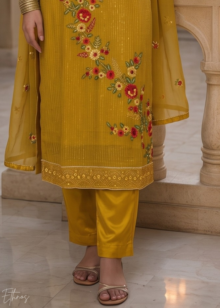 Mustard Yellow Floral Embroidered Georgette Suit
