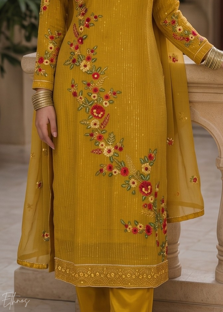 Mustard Yellow Floral Embroidered Georgette Suit